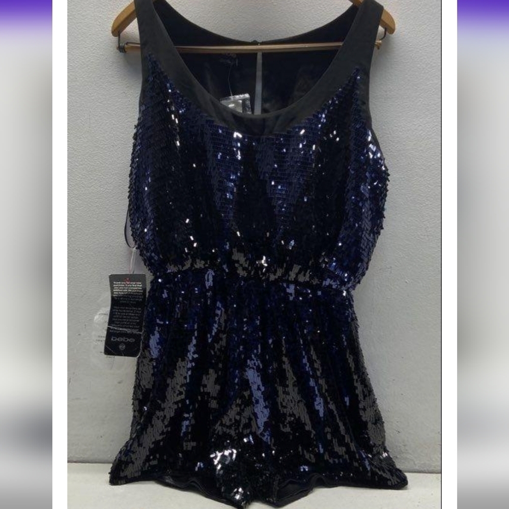 NWT bebe Black Blue Sequin Embellished Romper Size 6